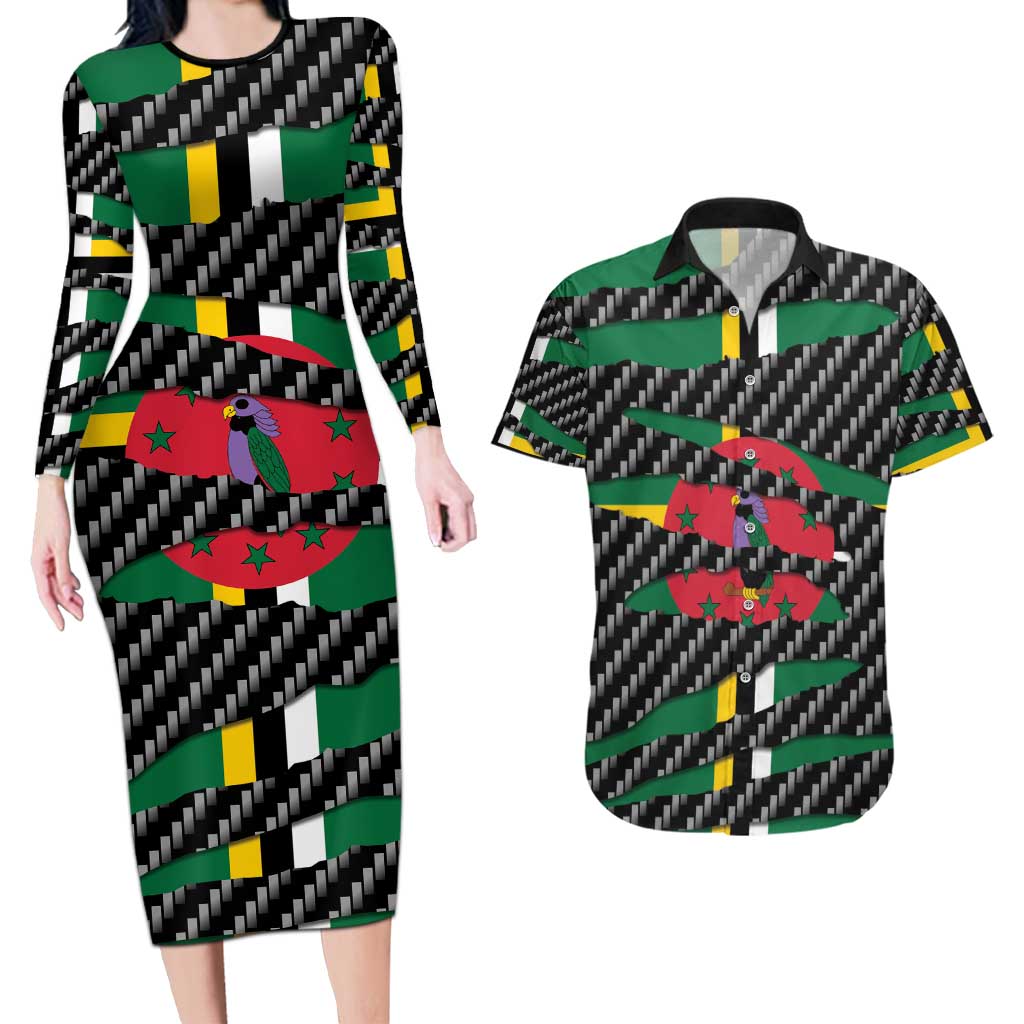 Dominica Beast Couples Matching Long Sleeve Bodycon Dress and Hawaiian Shirt Ripped Flag Graphic - Wonder Print Shop