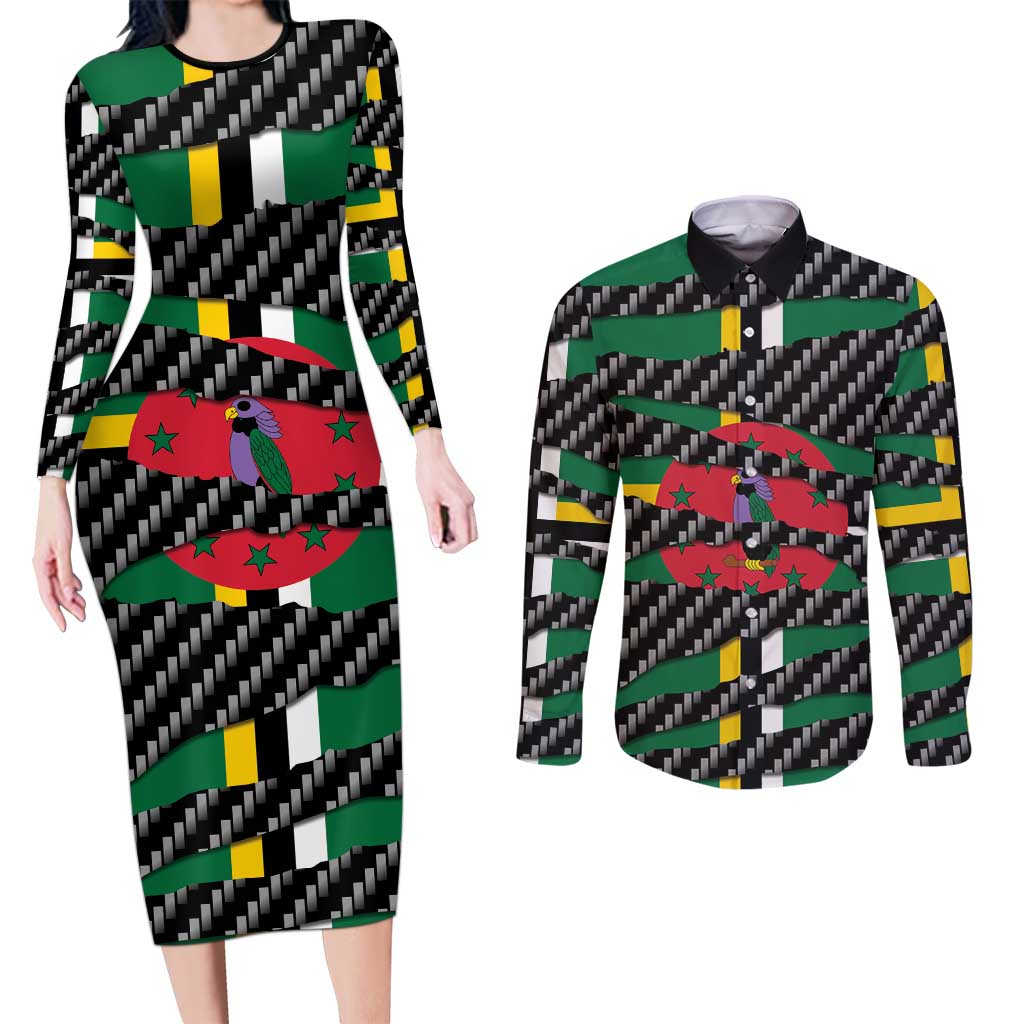 Dominica Beast Couples Matching Long Sleeve Bodycon Dress and Long Sleeve Button Shirt Ripped Flag Graphic - Wonder Print Shop