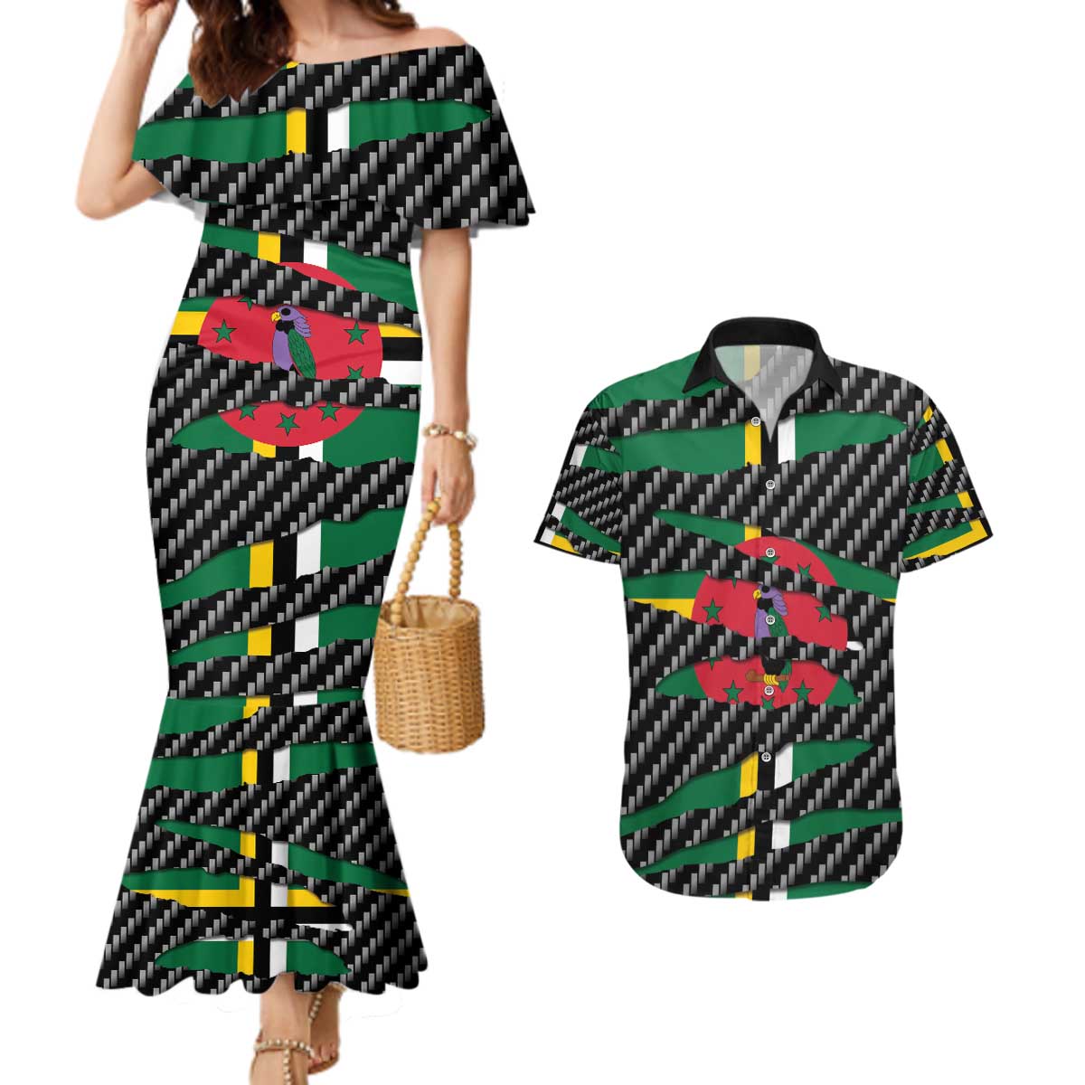Dominica Beast Couples Matching Mermaid Dress and Hawaiian Shirt Ripped Flag Graphic - Wonder Print Shop