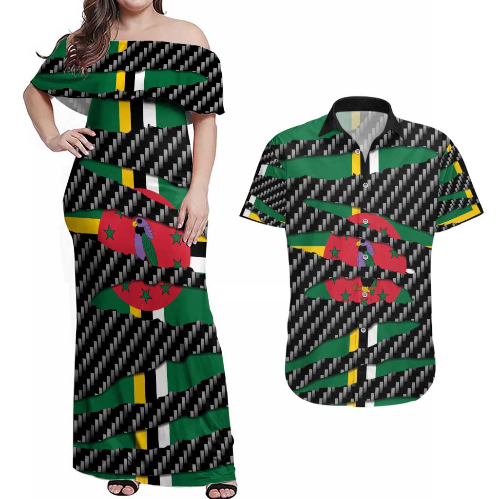 Dominica Beast Couples Matching Off Shoulder Maxi Dress and Hawaiian Shirt Ripped Flag Graphic - Wonder Print Shop