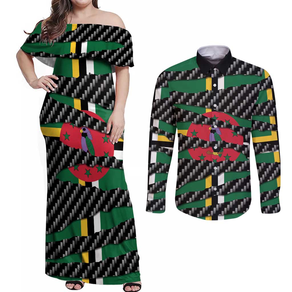 Dominica Beast Couples Matching Off Shoulder Maxi Dress and Long Sleeve Button Shirt Ripped Flag Graphic - Wonder Print Shop