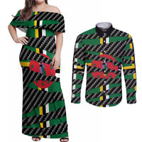 Dominica Beast Couples Matching Off Shoulder Maxi Dress and Long Sleeve Button Shirt Ripped Flag Graphic - Wonder Print Shop