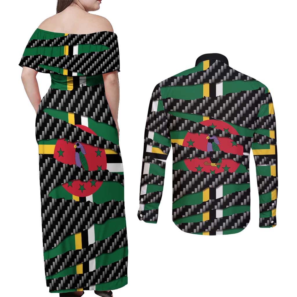 Dominica Beast Couples Matching Off Shoulder Maxi Dress and Long Sleeve Button Shirt Ripped Flag Graphic - Wonder Print Shop