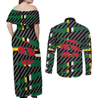 Dominica Beast Couples Matching Off Shoulder Maxi Dress and Long Sleeve Button Shirt Ripped Flag Graphic - Wonder Print Shop