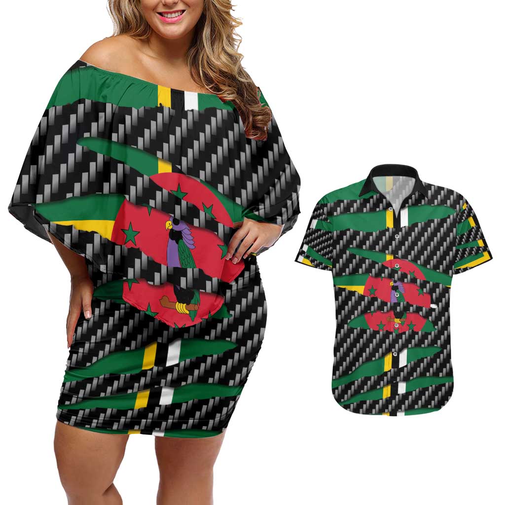 Dominica Beast Couples Matching Off Shoulder Short Dress and Hawaiian Shirt Ripped Flag Graphic - Wonder Print Shop