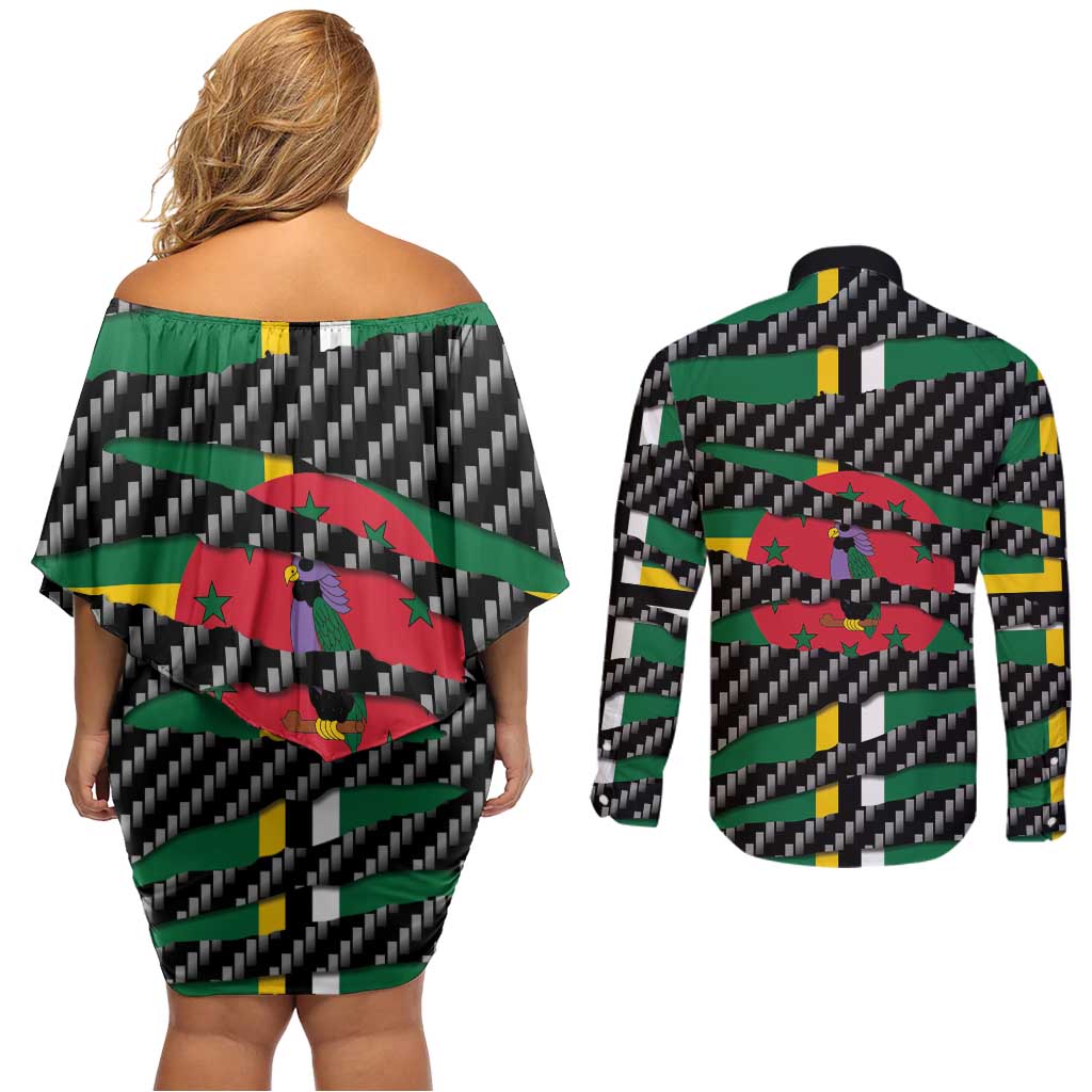 Dominica Beast Couples Matching Off Shoulder Short Dress and Long Sleeve Button Shirt Ripped Flag Graphic - Wonder Print Shop