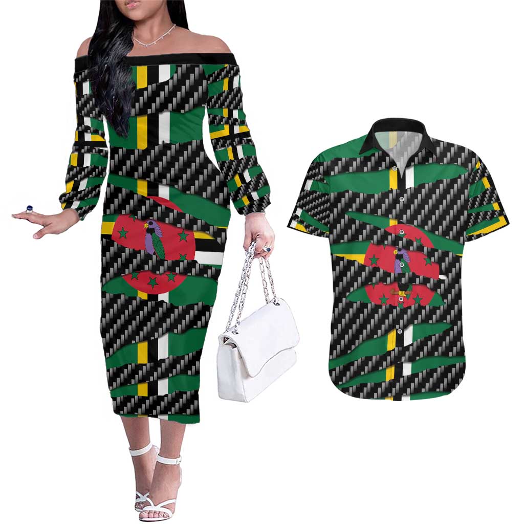 Dominica Beast Couples Matching Off The Shoulder Long Sleeve Dress and Hawaiian Shirt Ripped Flag Graphic - Wonder Print Shop