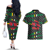 Dominica Beast Couples Matching Off The Shoulder Long Sleeve Dress and Hawaiian Shirt Ripped Flag Graphic - Wonder Print Shop