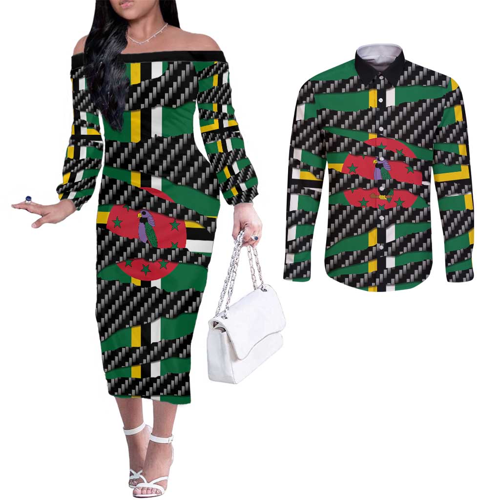 Dominica Beast Couples Matching Off The Shoulder Long Sleeve Dress and Long Sleeve Button Shirt Ripped Flag Graphic - Wonder Print Shop