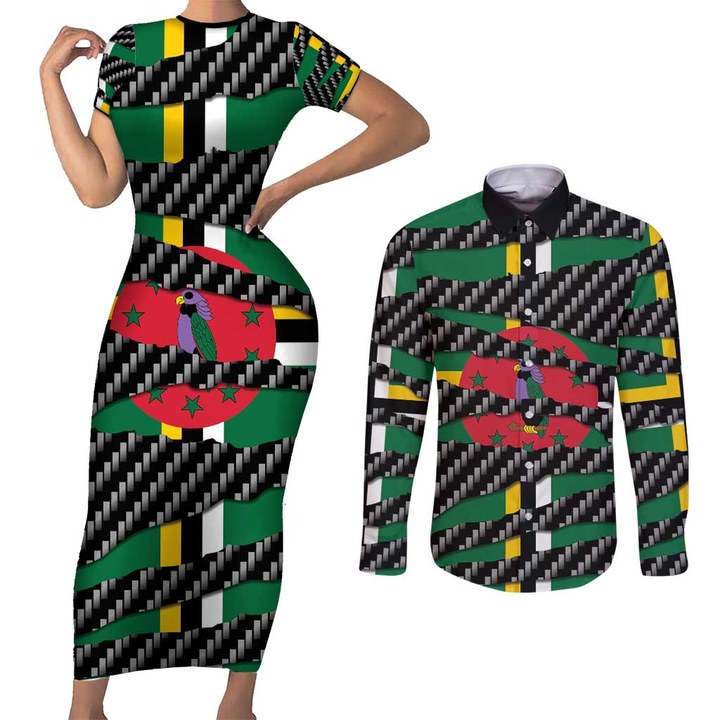 Dominica Beast Couples Matching Short Sleeve Bodycon Dress and Long Sleeve Button Shirt Ripped Flag Graphic - Wonder Print Shop