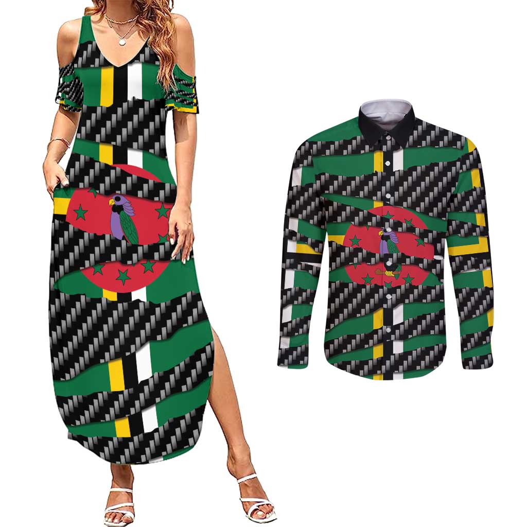 Dominica Beast Couples Matching Summer Maxi Dress and Long Sleeve Button Shirt Ripped Flag Graphic - Wonder Print Shop