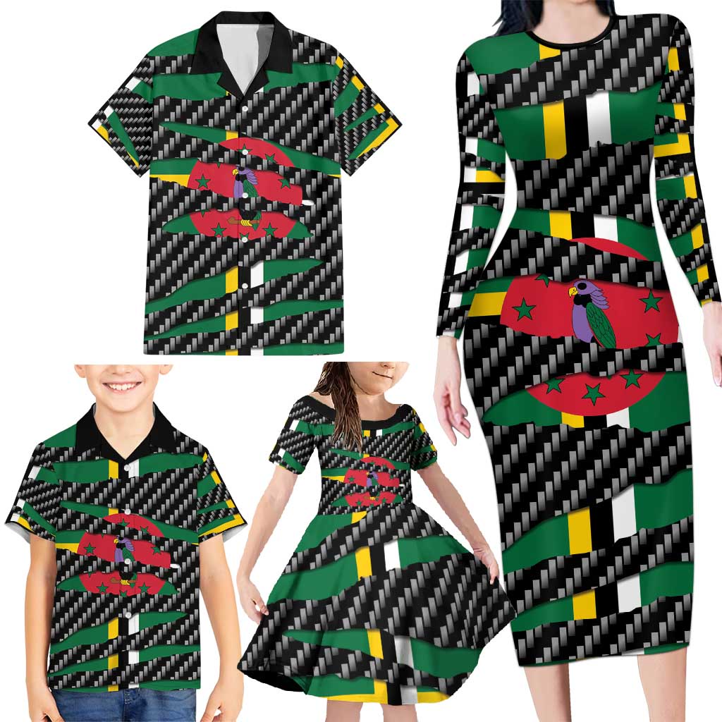 Dominica Beast Family Matching Long Sleeve Bodycon Dress and Hawaiian Shirt Ripped Flag Graphic - Wonder Print Shop