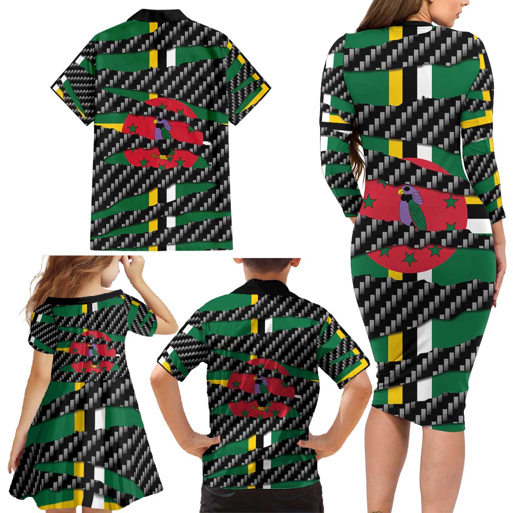 Dominica Beast Family Matching Long Sleeve Bodycon Dress and Hawaiian Shirt Ripped Flag Graphic - Wonder Print Shop