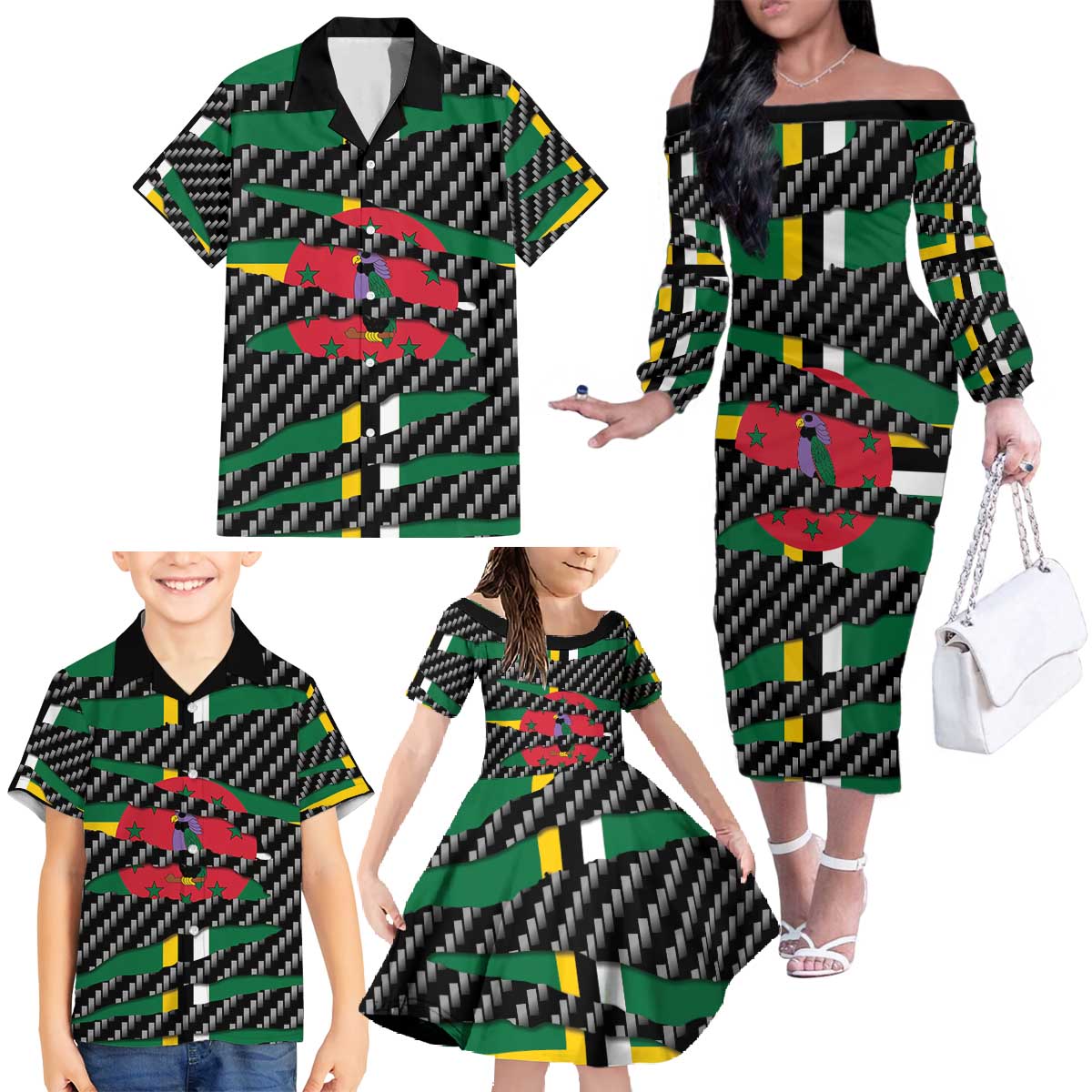 Dominica Beast Family Matching Off The Shoulder Long Sleeve Dress and Hawaiian Shirt Ripped Flag Graphic - Wonder Print Shop