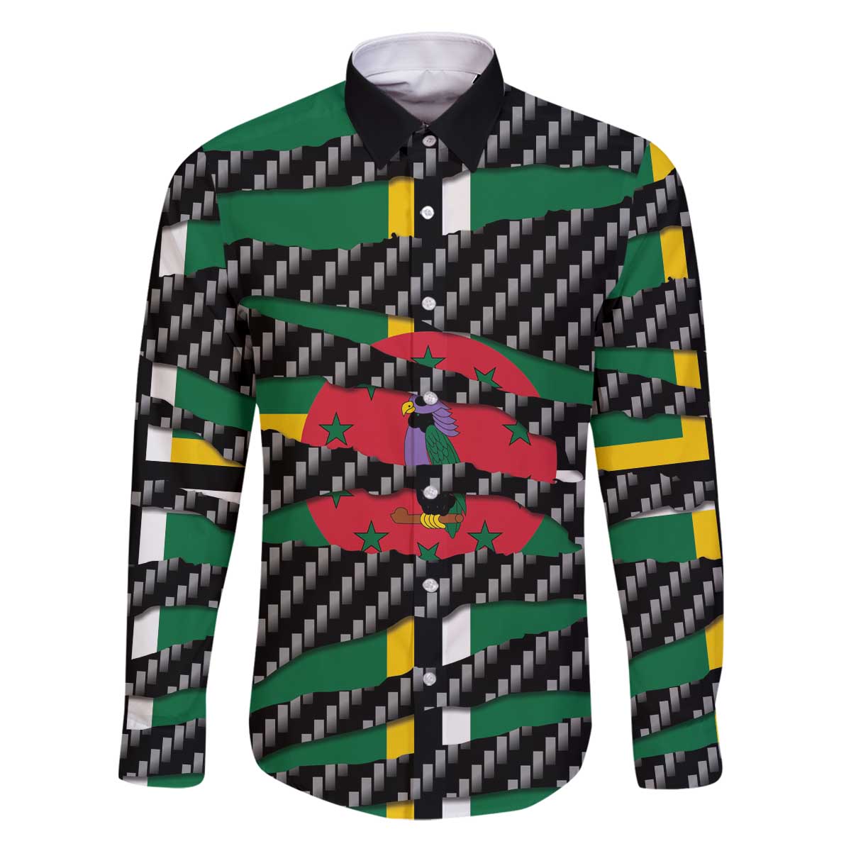 Dominica Beast Family Matching Off The Shoulder Long Sleeve Dress and Hawaiian Shirt Ripped Flag Graphic - Wonder Print Shop