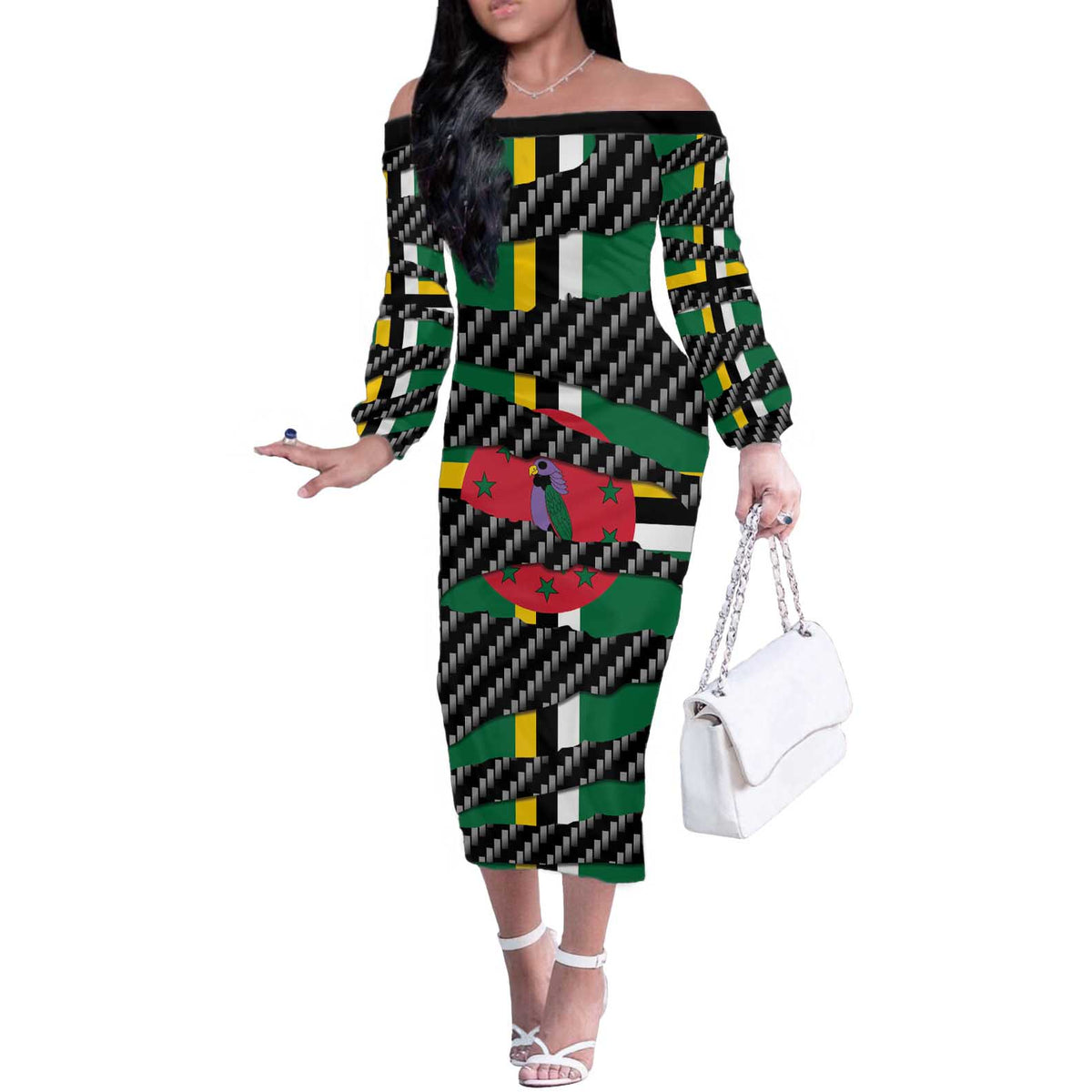 Dominica Beast Off The Shoulder Long Sleeve Dress Ripped Flag Graphic - Wonder Print Shop