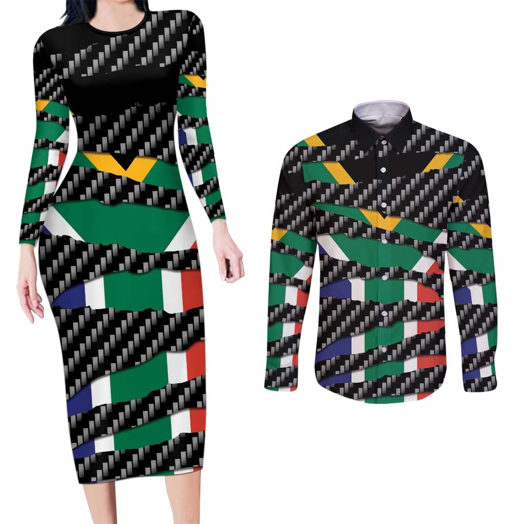 South Africa Beast Couples Matching Long Sleeve Bodycon Dress and Long Sleeve Button Shirt Ripped Flag Graphic - Wonder Print Shop