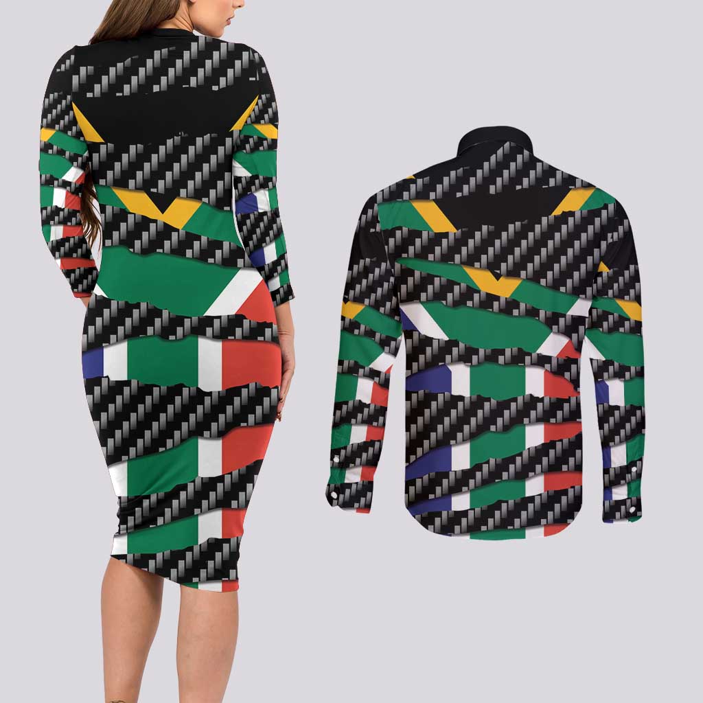 South Africa Beast Couples Matching Long Sleeve Bodycon Dress and Long Sleeve Button Shirt Ripped Flag Graphic - Wonder Print Shop