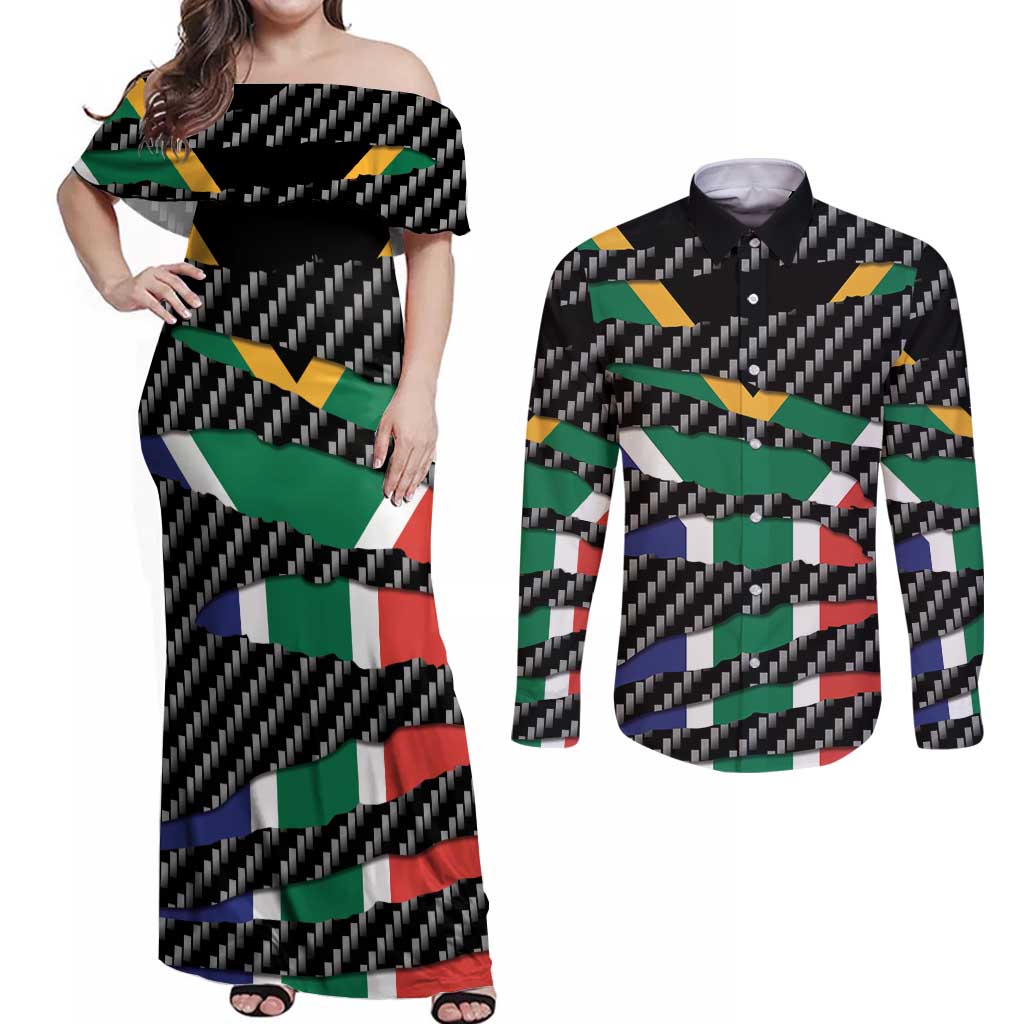 South Africa Beast Couples Matching Off Shoulder Maxi Dress and Long Sleeve Button Shirt Ripped Flag Graphic - Wonder Print Shop