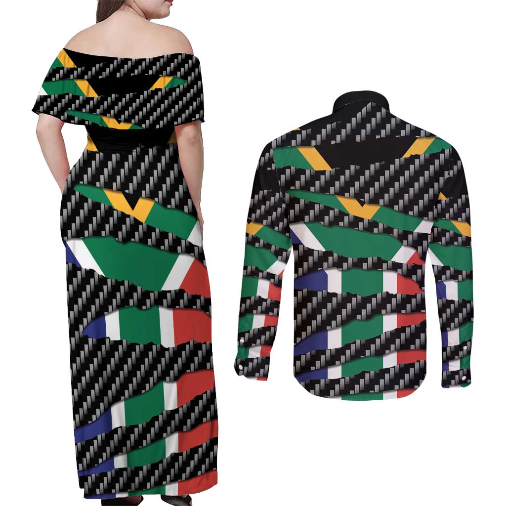 South Africa Beast Couples Matching Off Shoulder Maxi Dress and Long Sleeve Button Shirt Ripped Flag Graphic - Wonder Print Shop