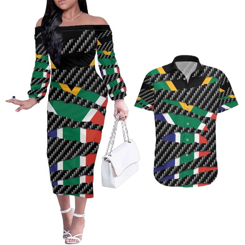 South Africa Beast Couples Matching Off The Shoulder Long Sleeve Dress and Hawaiian Shirt Ripped Flag Graphic - Wonder Print Shop