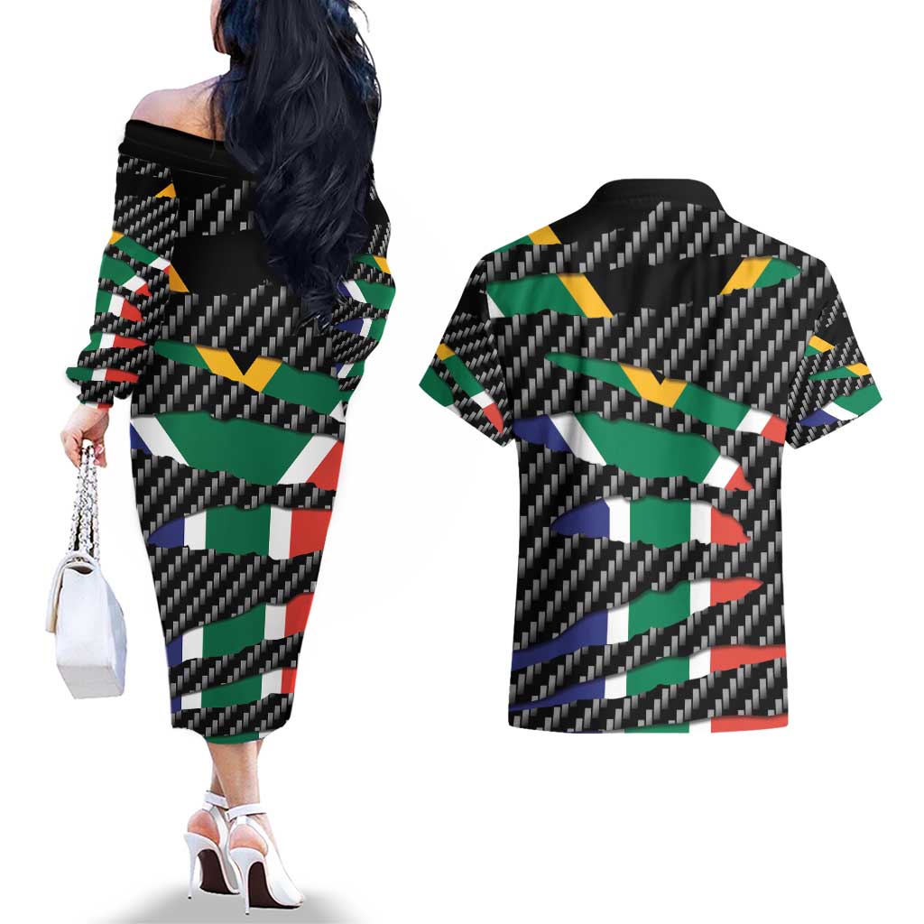 South Africa Beast Couples Matching Off The Shoulder Long Sleeve Dress and Hawaiian Shirt Ripped Flag Graphic - Wonder Print Shop