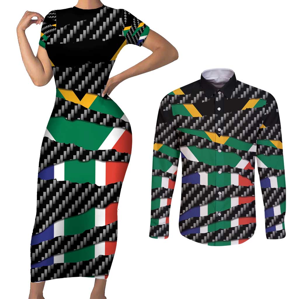 South Africa Beast Couples Matching Short Sleeve Bodycon Dress and Long Sleeve Button Shirt Ripped Flag Graphic - Wonder Print Shop