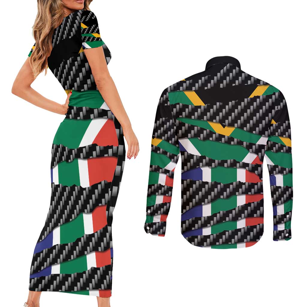 South Africa Beast Couples Matching Short Sleeve Bodycon Dress and Long Sleeve Button Shirt Ripped Flag Graphic - Wonder Print Shop