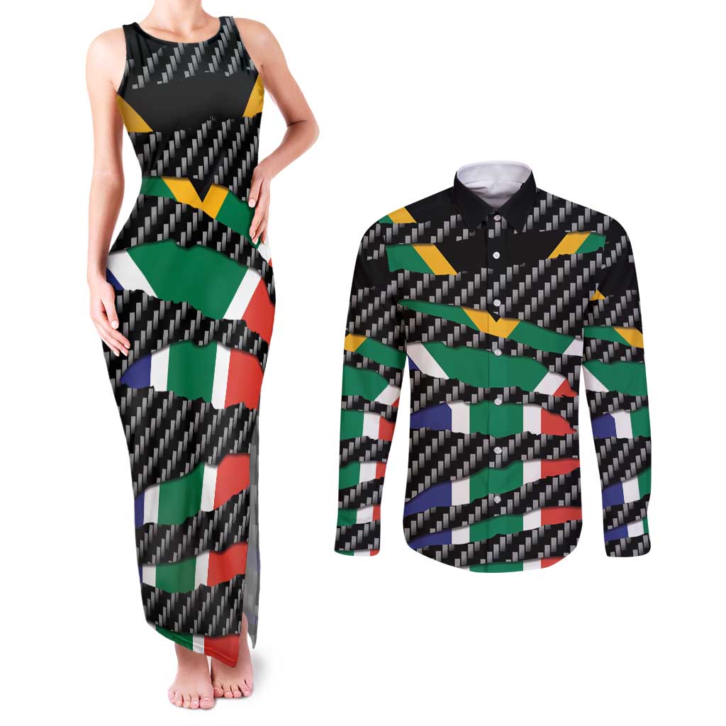 South Africa Beast Couples Matching Tank Maxi Dress and Long Sleeve Button Shirt Ripped Flag Graphic - Wonder Print Shop