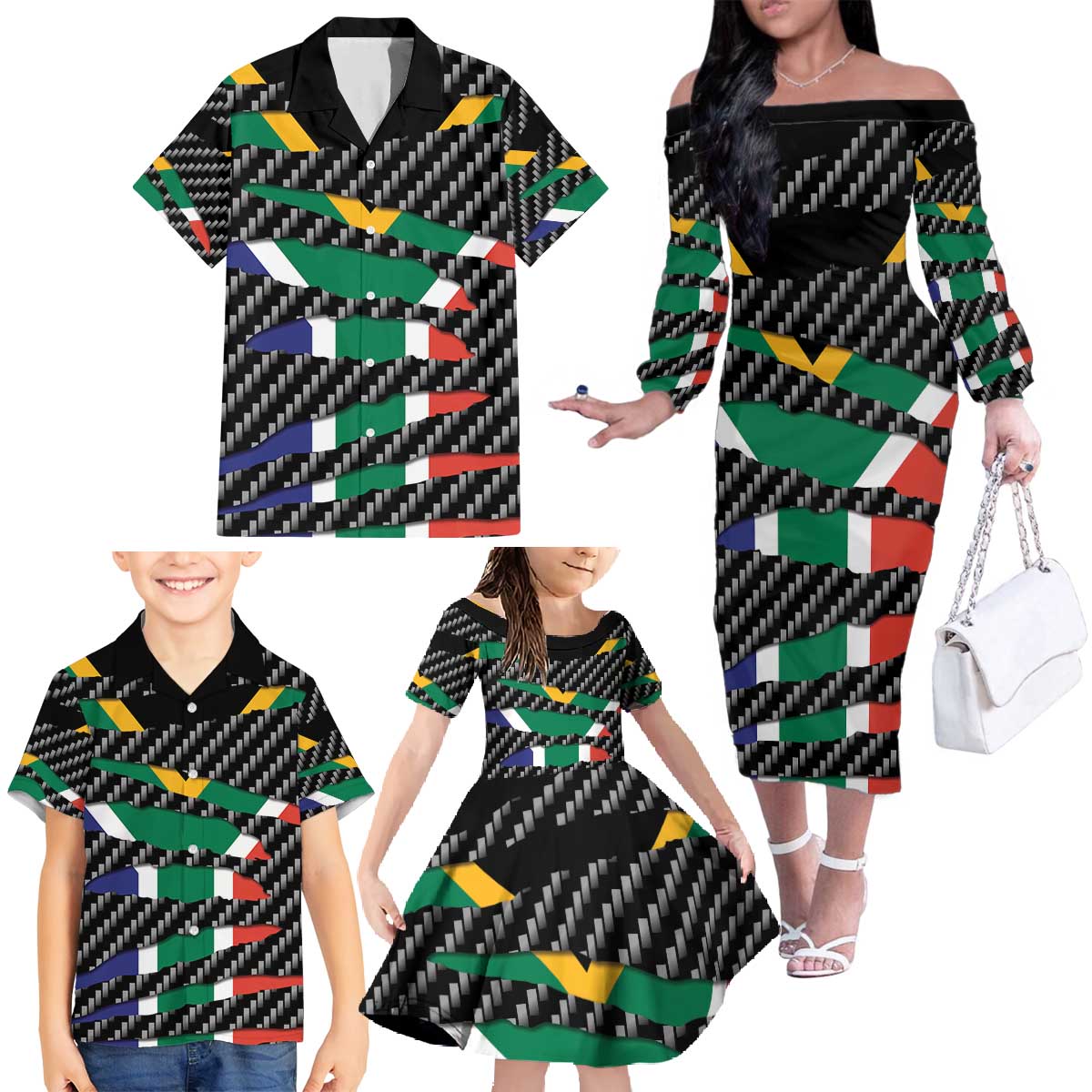 South Africa Beast Family Matching Off The Shoulder Long Sleeve Dress and Hawaiian Shirt Ripped Flag Graphic - Wonder Print Shop