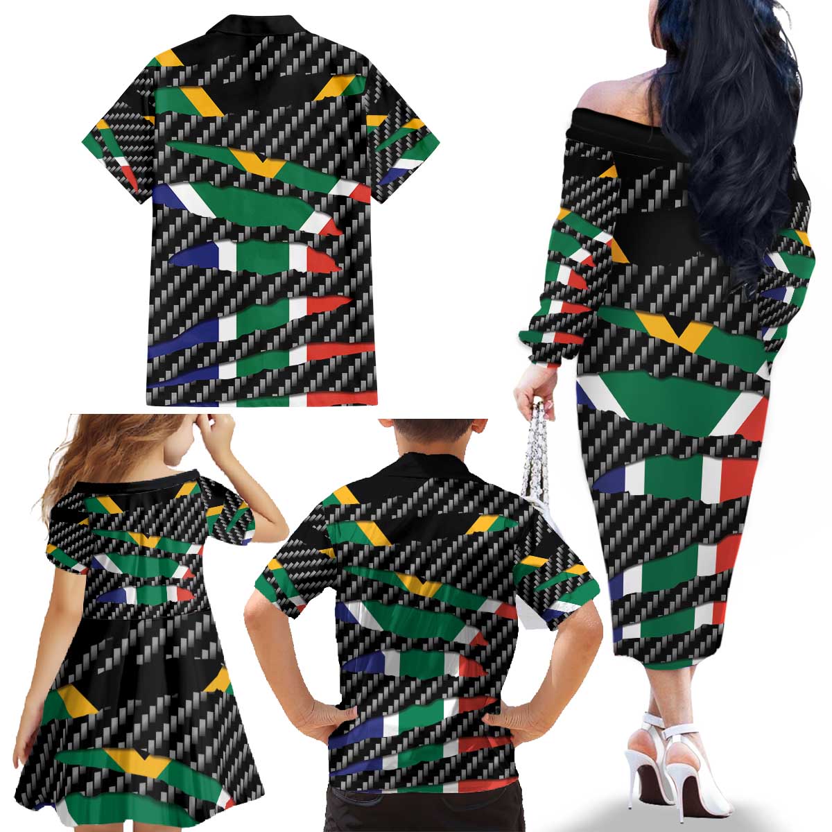 South Africa Beast Family Matching Off The Shoulder Long Sleeve Dress and Hawaiian Shirt Ripped Flag Graphic - Wonder Print Shop