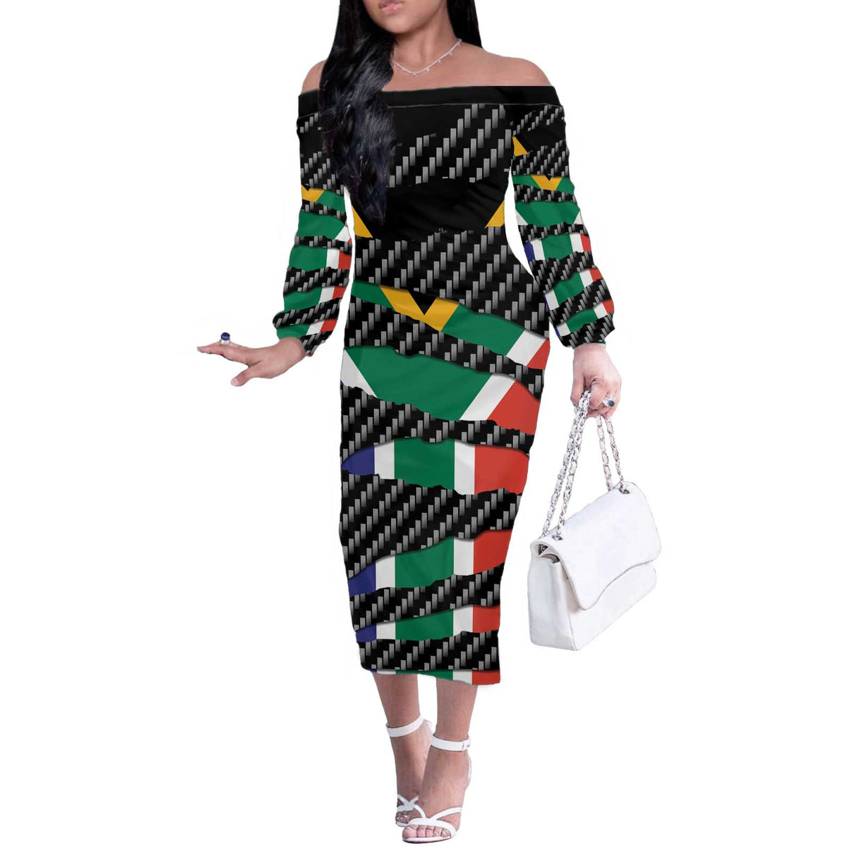 South Africa Beast Off The Shoulder Long Sleeve Dress Ripped Flag Graphic - Wonder Print Shop