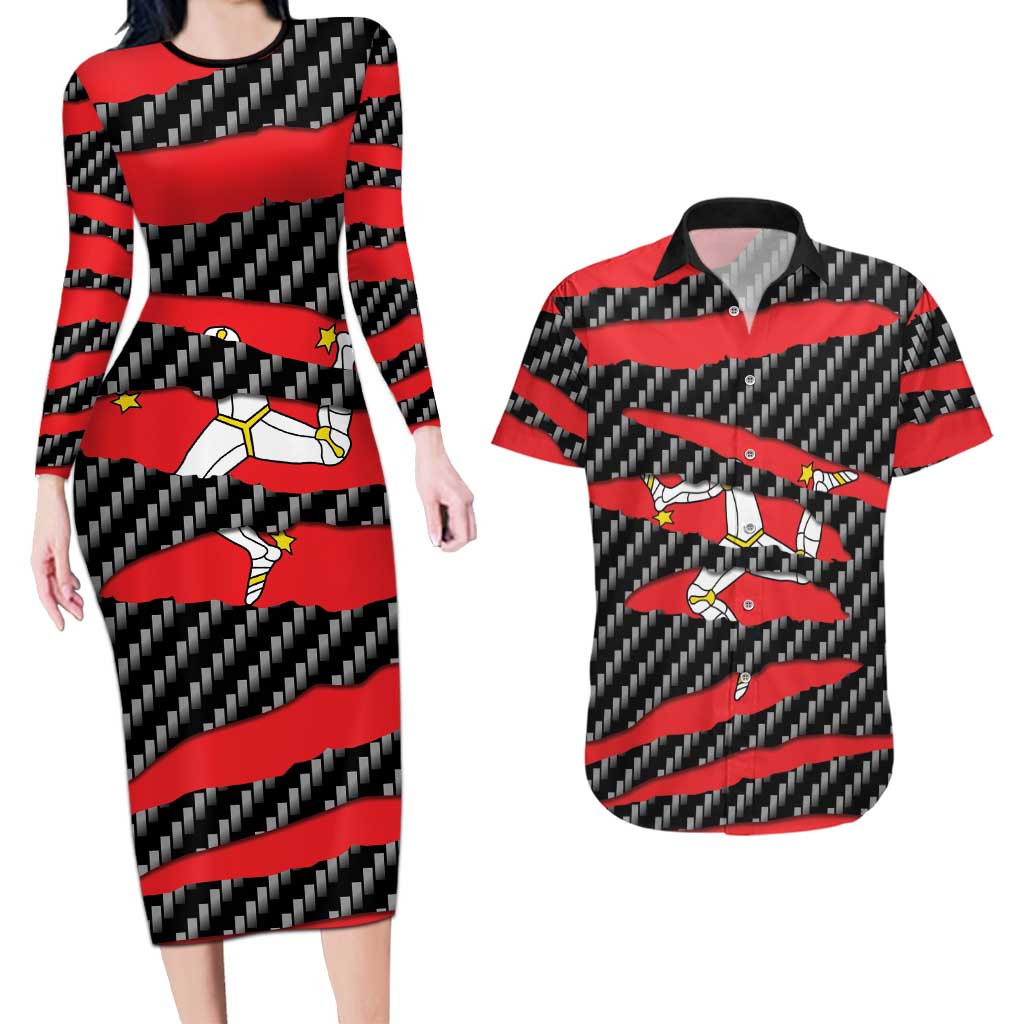 Isle of Man Beast Couples Matching Long Sleeve Bodycon Dress and Hawaiian Shirt Ripped Flag Graphic - Wonder Print Shop