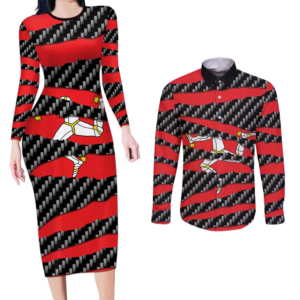 Isle of Man Beast Couples Matching Long Sleeve Bodycon Dress and Long Sleeve Button Shirt Ripped Flag Graphic - Wonder Print Shop