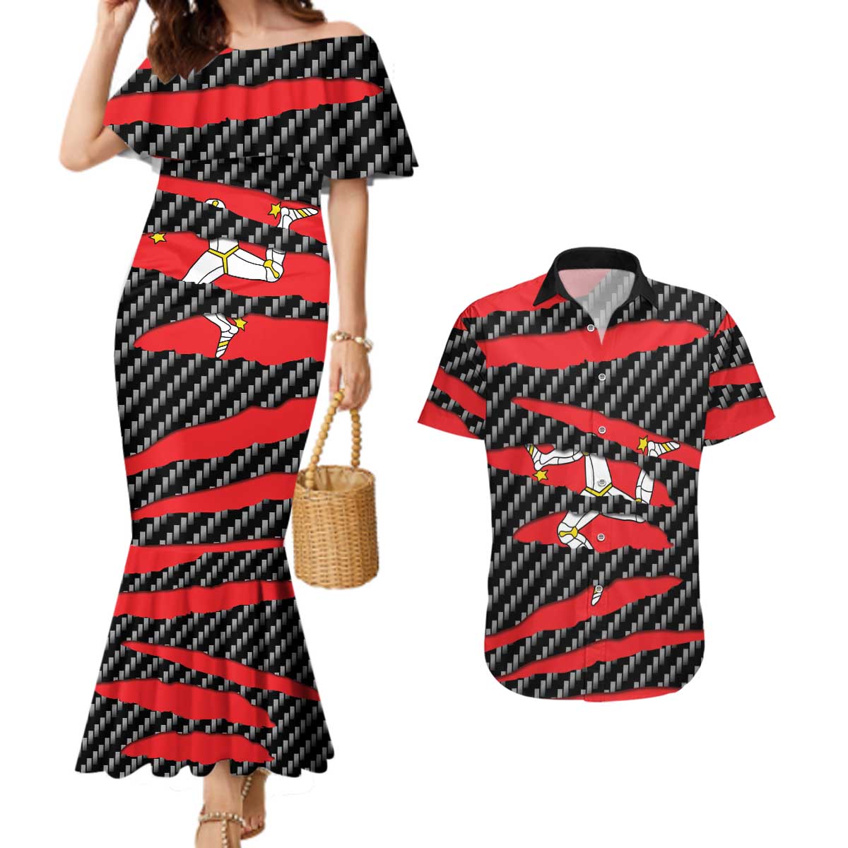 Isle of Man Beast Couples Matching Mermaid Dress and Hawaiian Shirt Ripped Flag Graphic - Wonder Print Shop