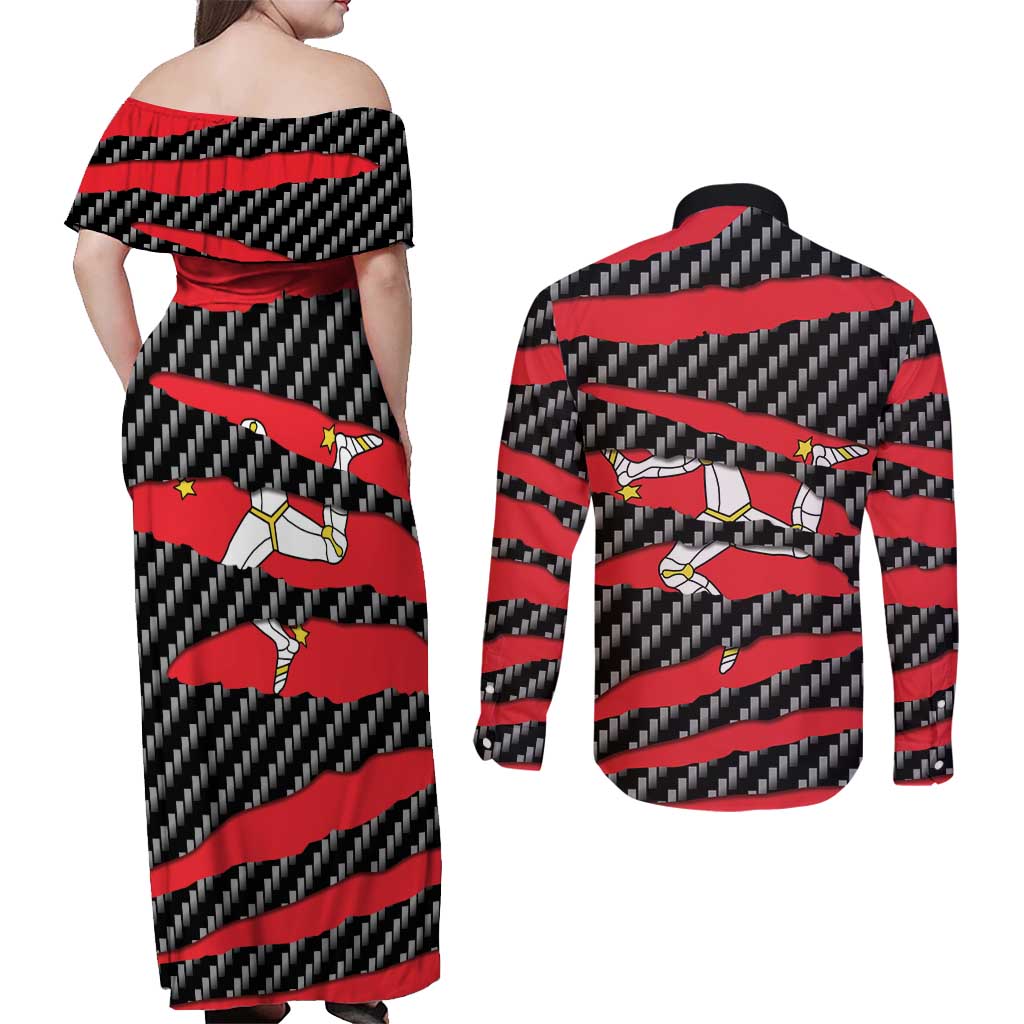 Isle of Man Beast Couples Matching Off Shoulder Maxi Dress and Long Sleeve Button Shirt Ripped Flag Graphic - Wonder Print Shop