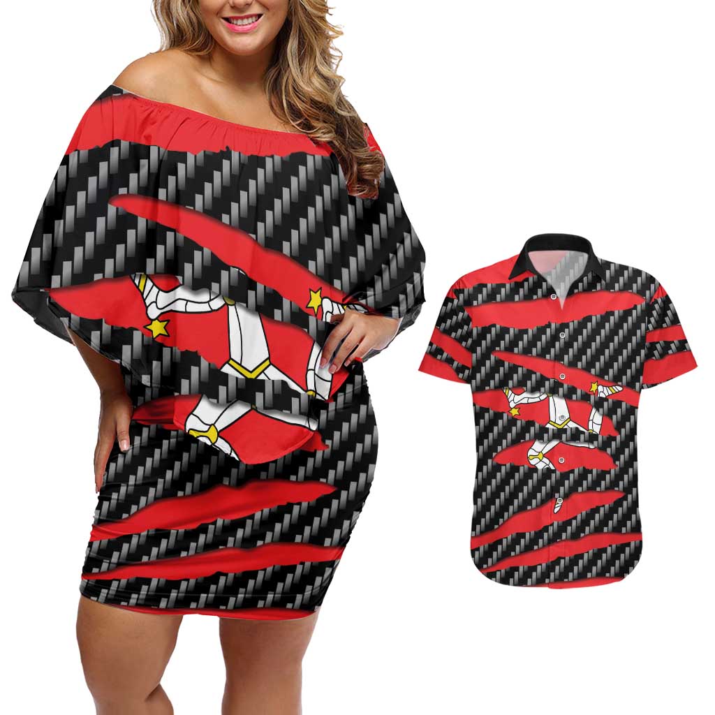 Isle of Man Beast Couples Matching Off Shoulder Short Dress and Hawaiian Shirt Ripped Flag Graphic - Wonder Print Shop