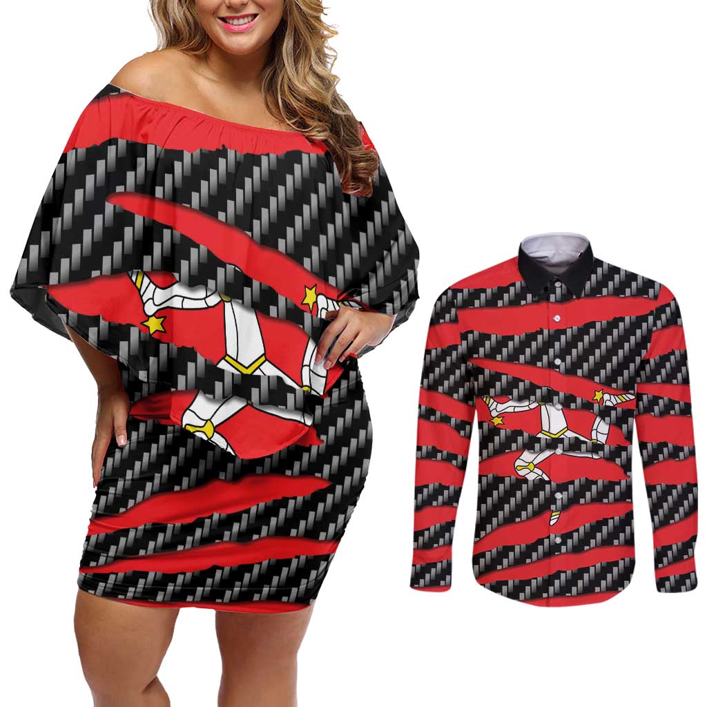 Isle of Man Beast Couples Matching Off Shoulder Short Dress and Long Sleeve Button Shirt Ripped Flag Graphic - Wonder Print Shop