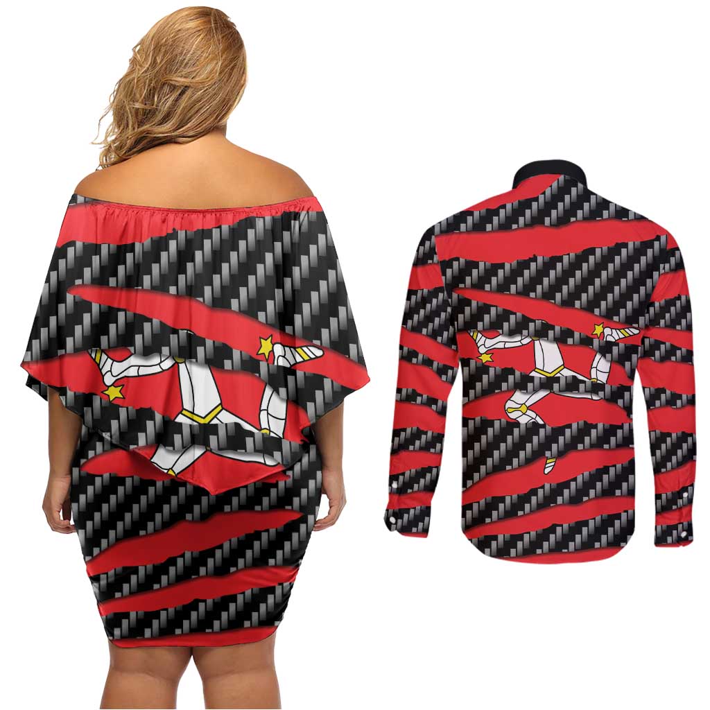 Isle of Man Beast Couples Matching Off Shoulder Short Dress and Long Sleeve Button Shirt Ripped Flag Graphic - Wonder Print Shop
