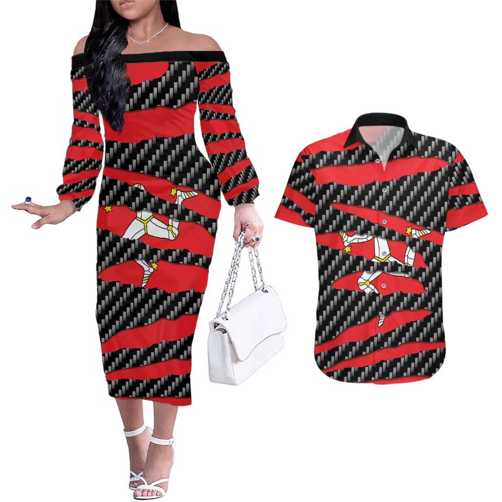 Isle of Man Beast Couples Matching Off The Shoulder Long Sleeve Dress and Hawaiian Shirt Ripped Flag Graphic - Wonder Print Shop