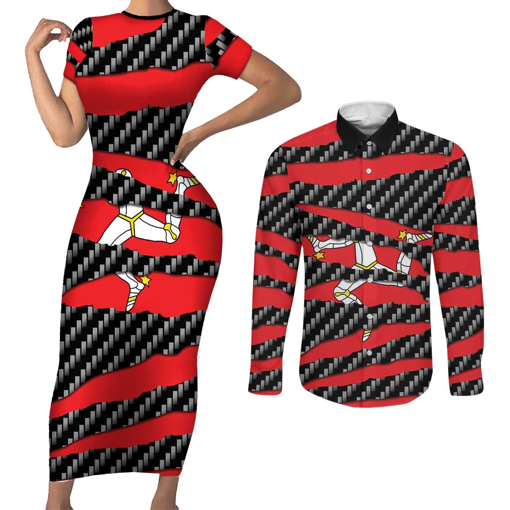 Isle of Man Beast Couples Matching Short Sleeve Bodycon Dress and Long Sleeve Button Shirt Ripped Flag Graphic - Wonder Print Shop