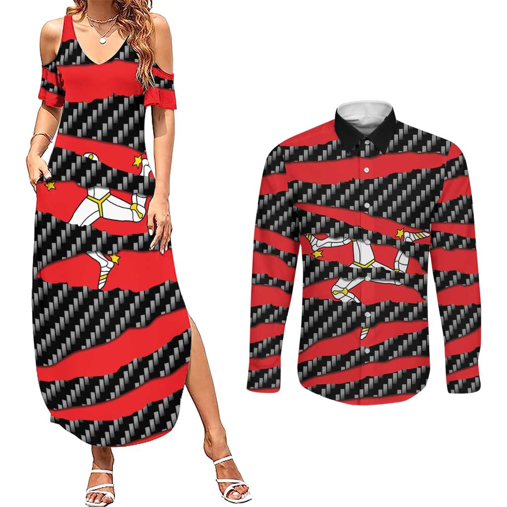 Isle of Man Beast Couples Matching Summer Maxi Dress and Long Sleeve Button Shirt Ripped Flag Graphic - Wonder Print Shop