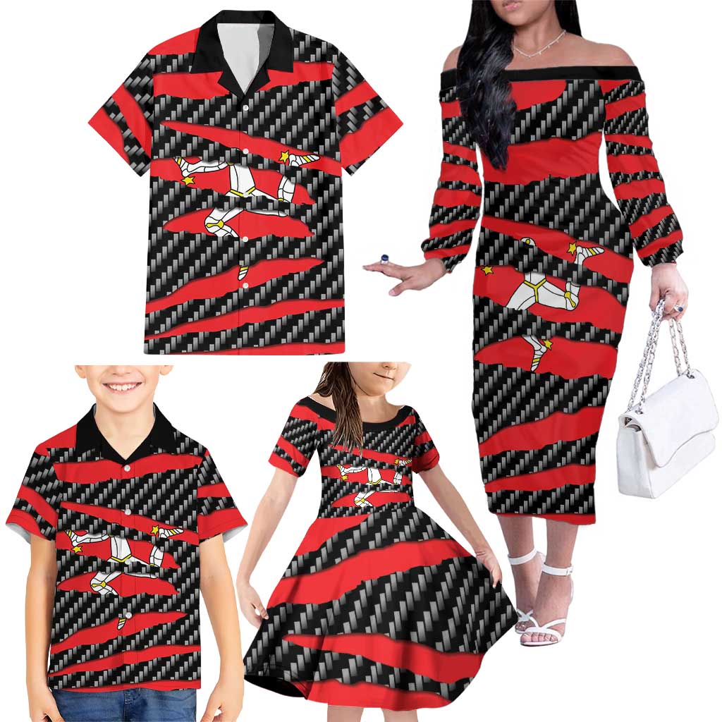 Isle of Man Beast Family Matching Off The Shoulder Long Sleeve Dress and Hawaiian Shirt Ripped Flag Graphic - Wonder Print Shop