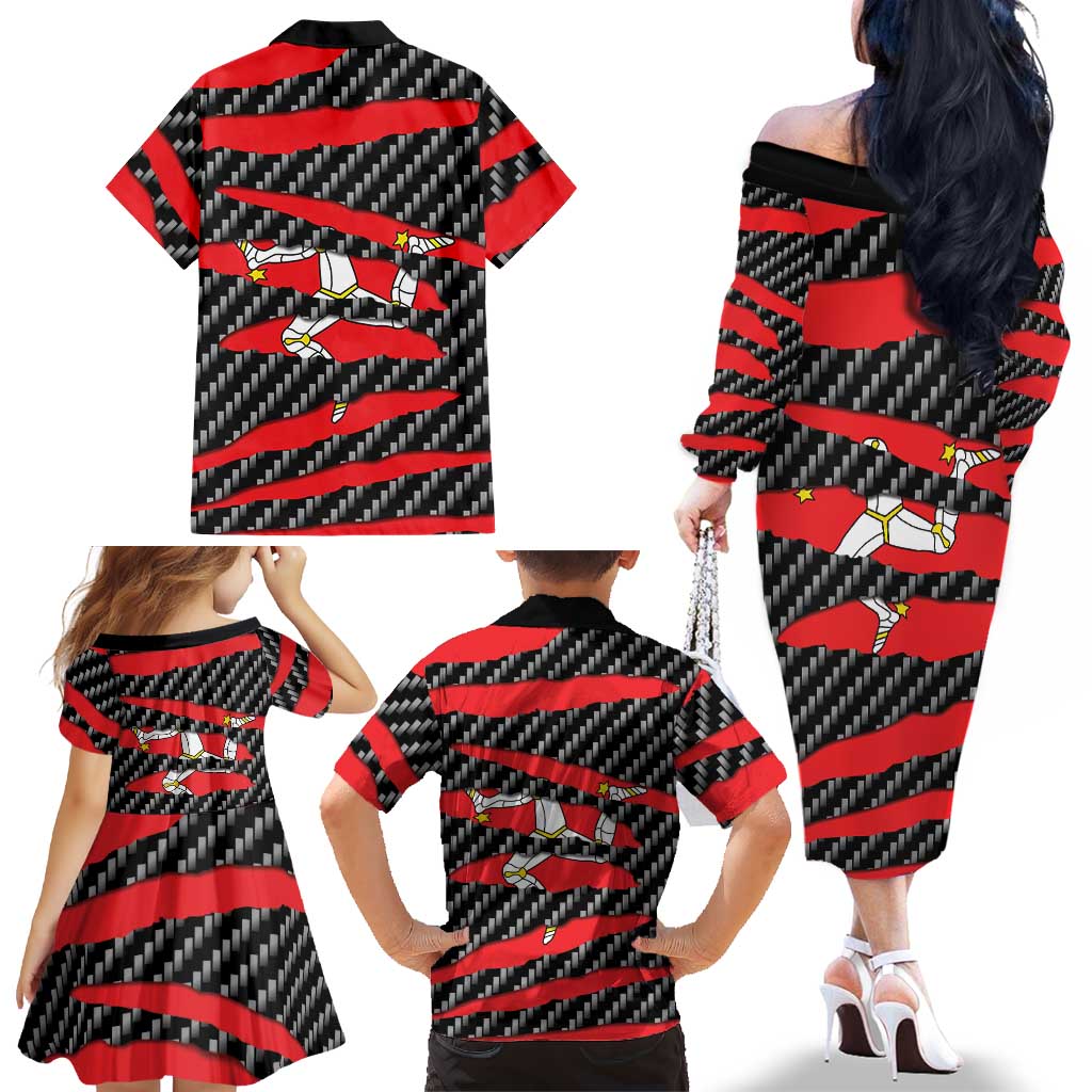 Isle of Man Beast Family Matching Off The Shoulder Long Sleeve Dress and Hawaiian Shirt Ripped Flag Graphic - Wonder Print Shop