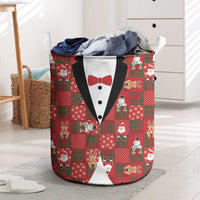 Christmas Patchwork Fake Tuxedo Laundry Basket Santa and Reindeer Red Plaid Style - Wonder Print Shop