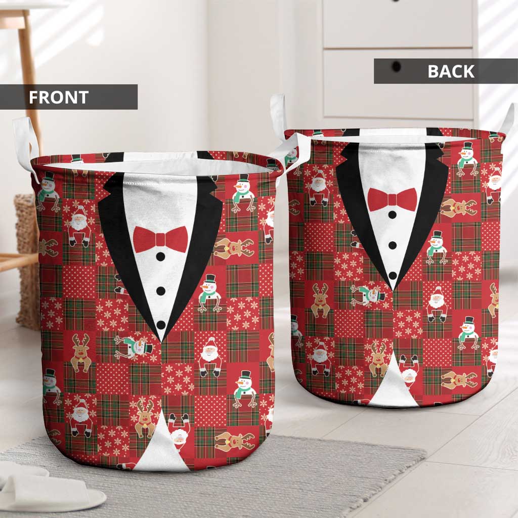 Christmas Patchwork Fake Tuxedo Laundry Basket Santa and Reindeer Red Plaid Style - Wonder Print Shop