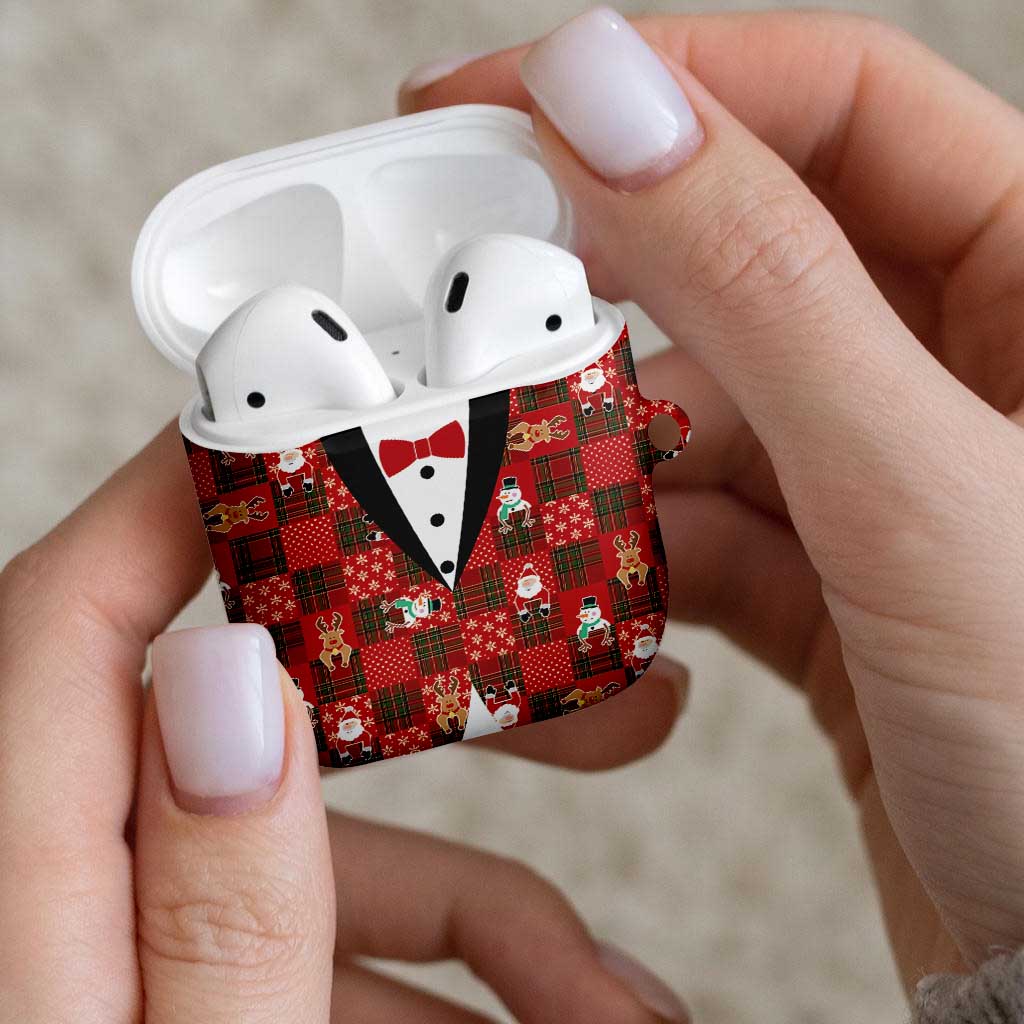 Christmas Patchwork Fake Tuxedo AirPods Case Santa and Reindeer Red Plaid Style - Wonder Print Shop