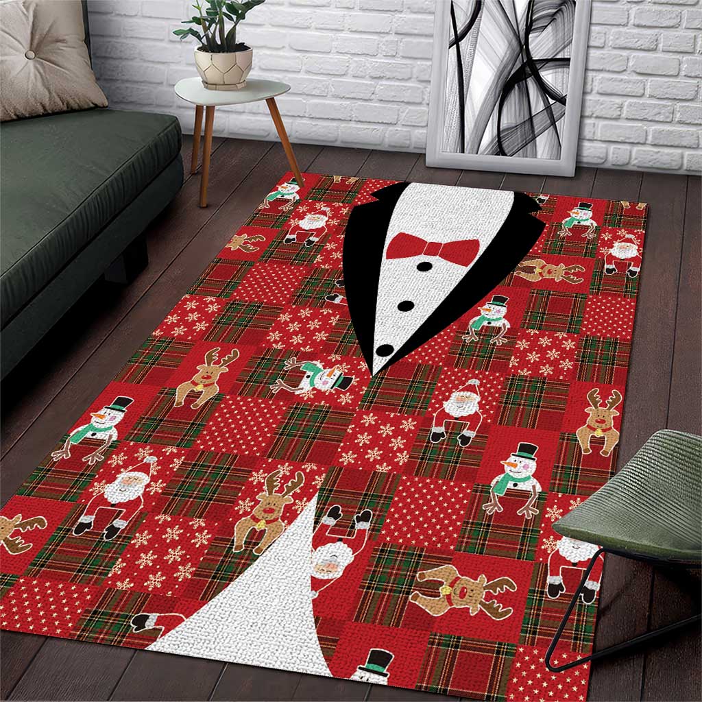 Christmas Patchwork Fake Tuxedo Area Rug Santa and Reindeer Red Plaid Style - Wonder Print Shop