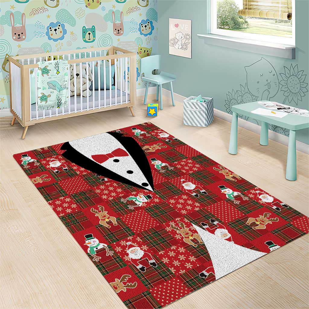 Christmas Patchwork Fake Tuxedo Area Rug Santa and Reindeer Red Plaid Style - Wonder Print Shop