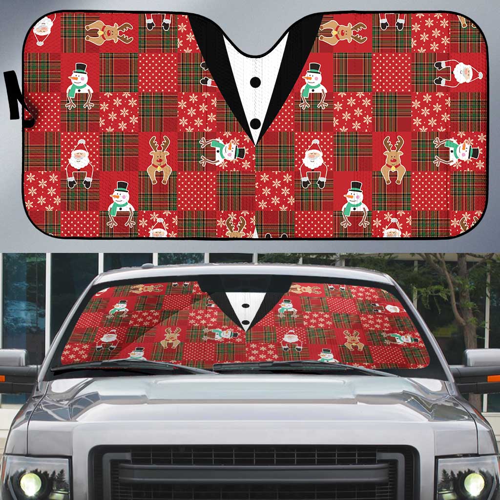 Christmas Patchwork Fake Tuxedo Auto Sun Shade Santa and Reindeer Red Plaid Style - Wonder Print Shop